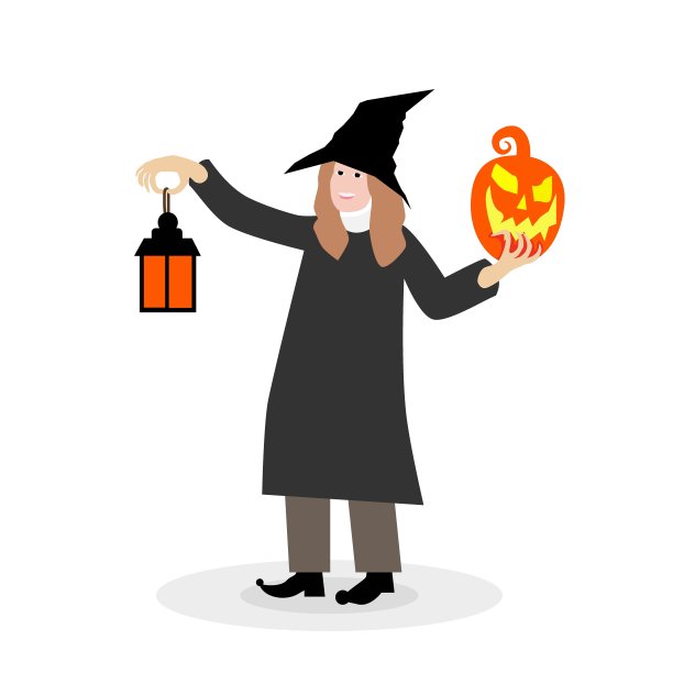 万圣节快乐。年轻的金发女孩女巫卡通人物在斗篷手持南瓜与黑帽子。白色背景上的矢量插图。万圣节，黑色星期五，网络星期一，促销，秋季概念。Copyspace。图片下载