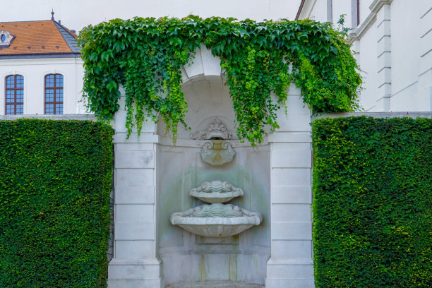 人行道上有一个装饰好的没有水的喷泉，四周围着树篱图片下载