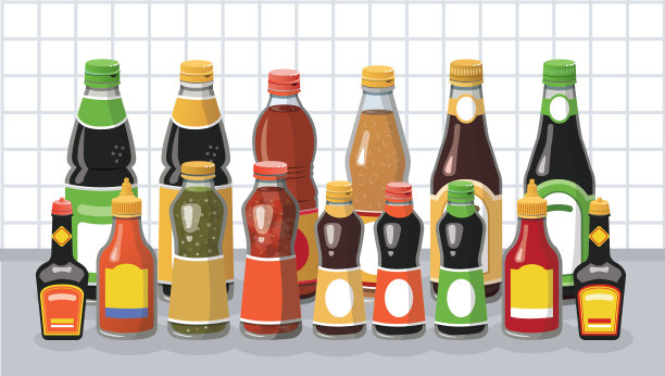 调味品瓶和酱瓶设置在无缝图形线与白色背景股票插图图片下载