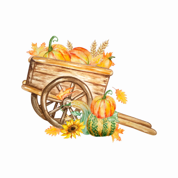 水彩画的秋天南瓜车图片下载