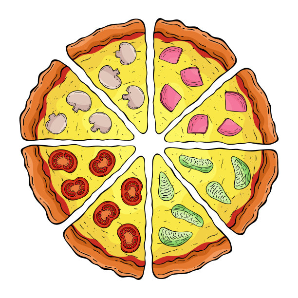 线条艺术彩色的四季披萨孤立在白色背景上图片下载