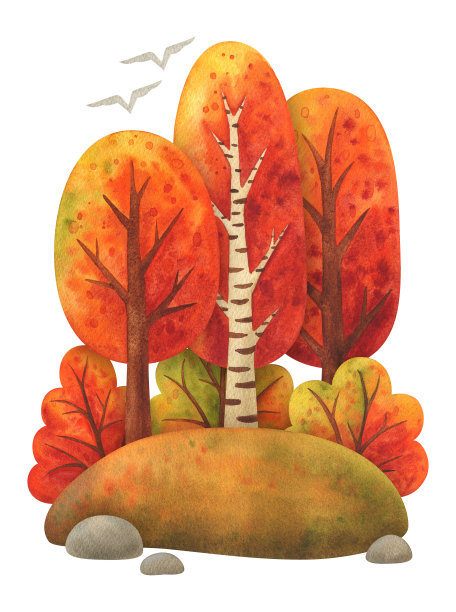 以水彩秋景为背景。秋天大自然剪纸艺术。季节性环境插图。秋天岛有树和灌木。孤立的手绘图像森林的土地图片下载