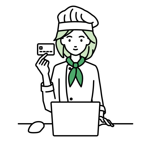 一名女厨师在她的办公桌上使用笔记本电脑，手里拿着一张信用卡图片下载