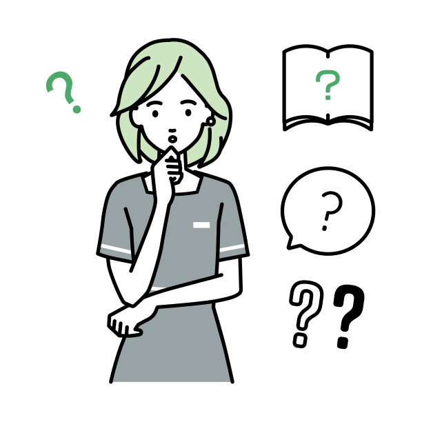 一个美学家，女接待员拿着一个问题站在她的手指在她的下巴问号设置图片下载