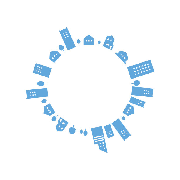圆形框架材料的蓝色简单的城市景观轮廓图片下载