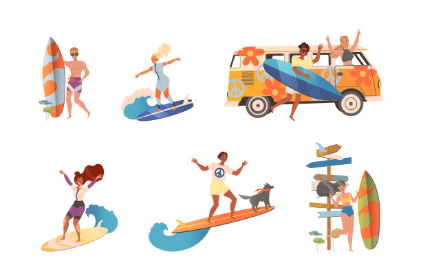 人们在冲浪板上冲浪，骑着移动的波浪图片下载