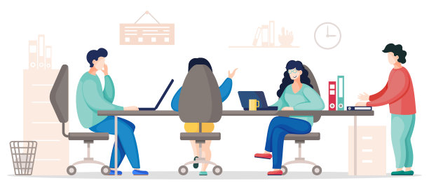 平面矢量插画，忙碌的人在办公室，同事在工作中交流图片下载
