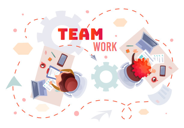 两个商务人员在桌子上用笔记本电脑工作，顶视图矢量卡通插图，团队合作图片下载