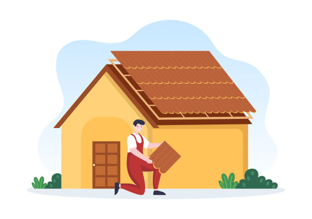 屋顶建筑工人模板手绘卡通平面插图与屋顶装修，固定屋顶瓦房和屋顶重建图片下载