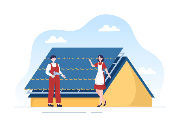 屋顶建筑工人模板手绘卡通平面插图与屋顶装修，固定屋顶瓦房和屋顶重建图片下载