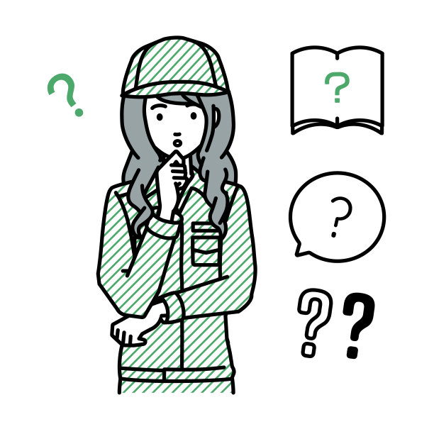 一名蓝领女工拿着问题站在那里，手指放在下巴上的问号上图片下载