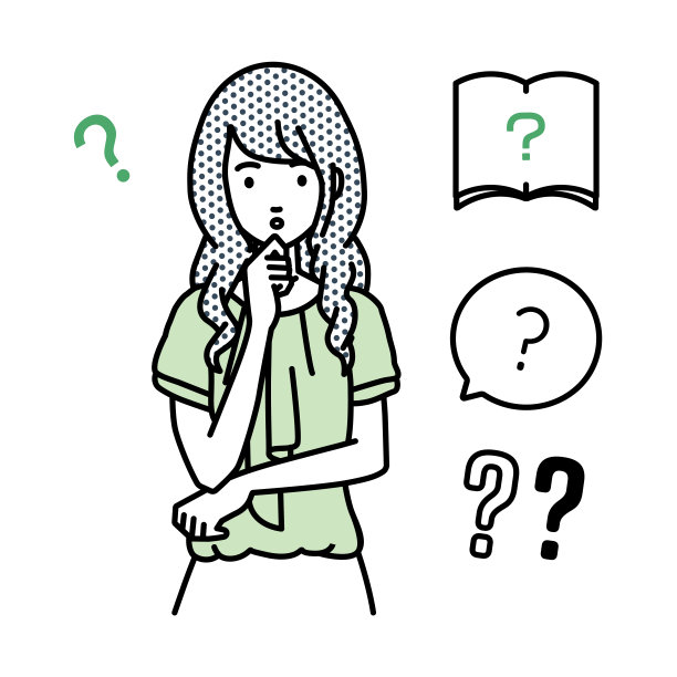 一名穿着休闲装的女性，拿着一个问题站着，手指放在下巴上的问号上图片下载