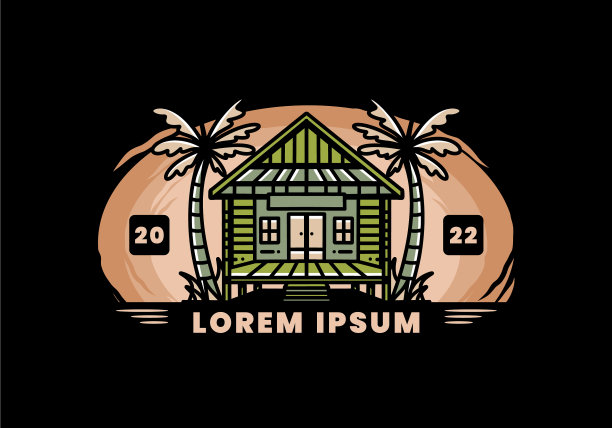 海滩上的木屋徽章设计图片下载