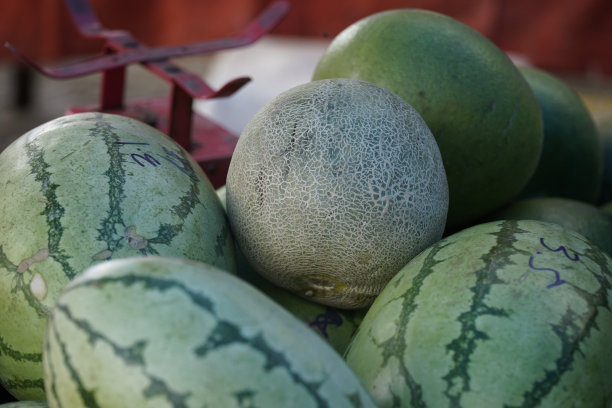 青瓜、西瓜和其他各种水果在传统市场上出售图片下载