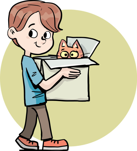 男孩把一只猫放在盒子里图片下载