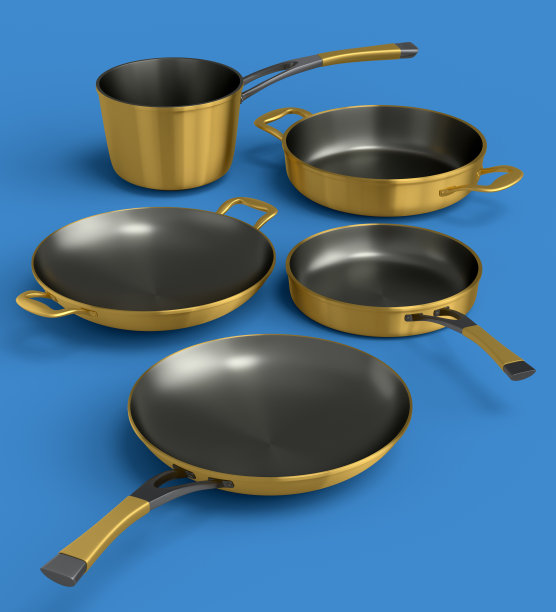 一套炖锅，煎锅和镀铬炊具在蓝色背景图片下载