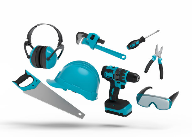 绿色施工工具在白色上维修的飞行视图图片下载