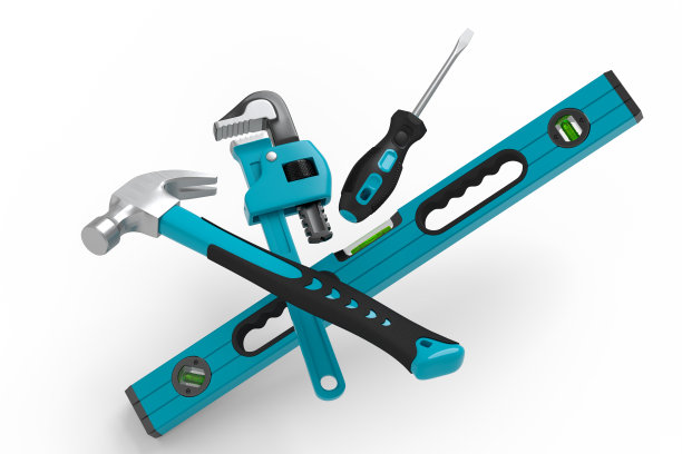 绿色施工工具在白色上维修的飞行视图图片下载