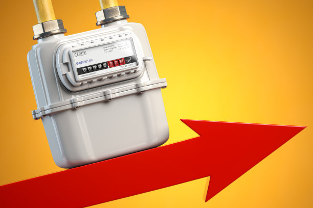 天然气消费成本增长。煤气表在箭头上。图片下载
