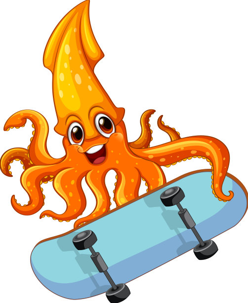 可爱的橙色乌贼在玩滑板图片下载