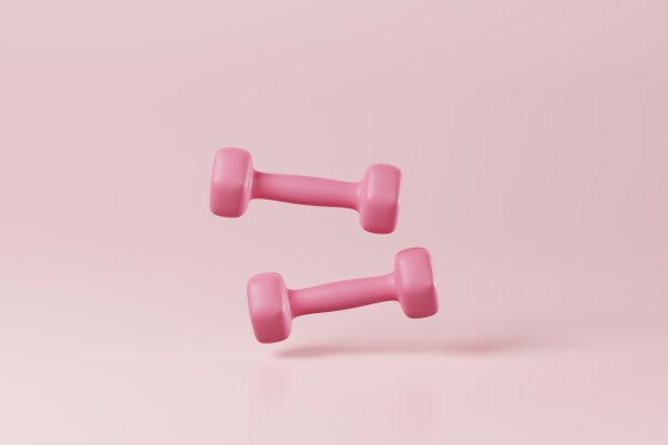粉色背景上最小的粉色哑铃。举重训练活动，健美运动，日常健身房健身，节食为健康，运动重为健美器材概念。三维渲染图片下载