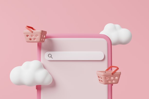 最小风格的空白屏幕手机与购物篮，放大镜互联网搜索栏和粉色背景上的云。网上购物应用，商务移动支付概念。三维渲染图片下载