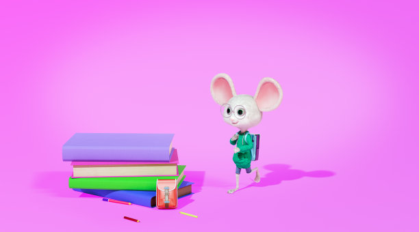 学生和一堆书，3d渲染。一个小学生追求知识的概念。卡通人物老鼠戴着圆眼镜，穿着毛衣跑到学校图片下载