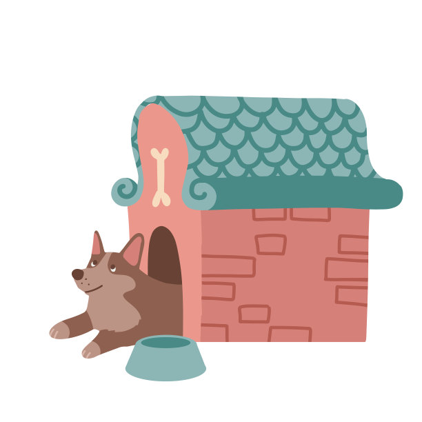 狗坐在狗屋与碗宠物酒店或图片下载