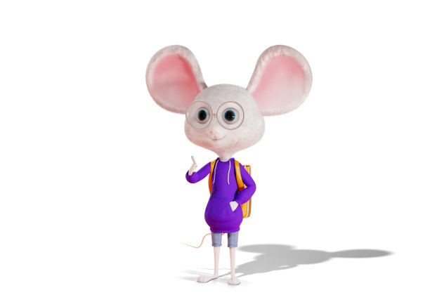 卡通人物是一个手里拿着粉笔的小学生，被孤立在白色的背景上。卡通鼠标的学生。“返校”的概念图片下载