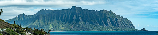 Kualoa山脉全景，著名的拍摄地点在夏威夷瓦胡岛图片下载