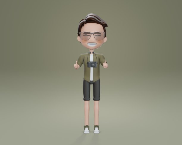 3d渲染卡通人物年轻的旅行者与相机图片下载