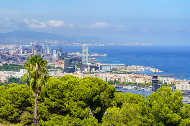 巴塞罗那的码头和海岸的全景与它的海滩和海滨建筑，加泰罗尼亚，西班牙。图片下载