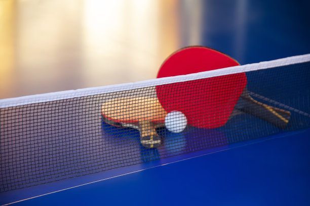 蓝色网球桌配双球拍，白色网球，休闲活动图片下载