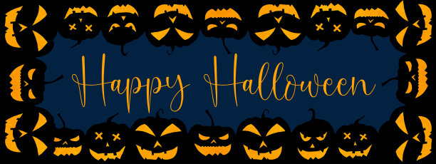万圣节背景横幅宽全景全景模板-框架的轮廓可怕的雕刻发光卡通南瓜孤立在深蓝色的纹理图片下载