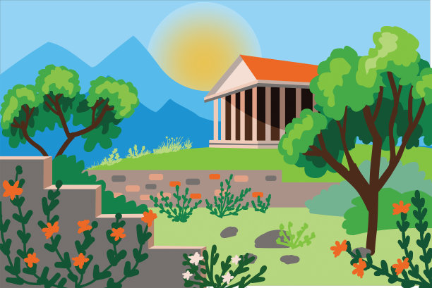 山上一座古老的异教寺庙的景观。插图的古代废墟和一个古老的希腊风格的寺庙与圆柱在山的背景。矢量手绘平面风格图片下载