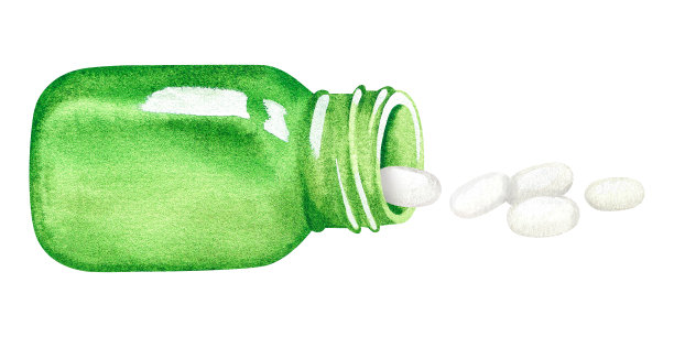 药片正从瓶子里倒出来。水彩插图。孤立在白色背景上。图片下载