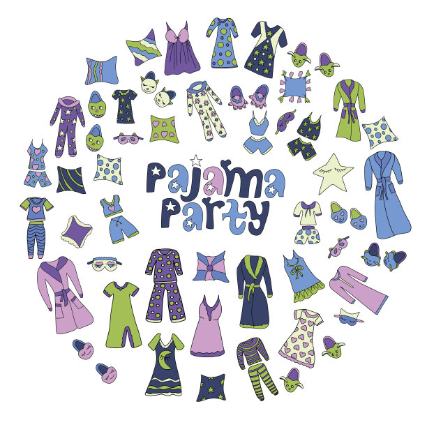 一套矢量元素的睡衣派对邀请。为孩子们准备的睡衣派对。用涂鸦风格手绘草图的插图。良好睡眠的要素。刻字睡衣派对图片下载