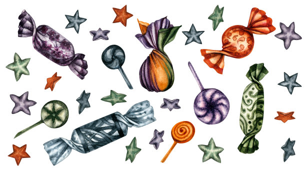 一套四种颜色的糖果和棒棒糖:橙色，紫色，灰色和绿色。图片下载