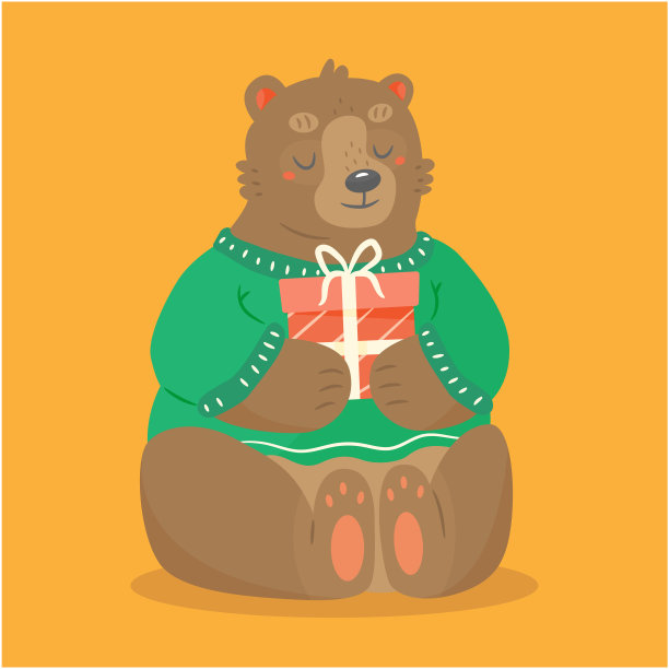 可爱的小熊穿着毛衣，爪子上拿着卡通风格的礼物。动物形象的插图。图片下载