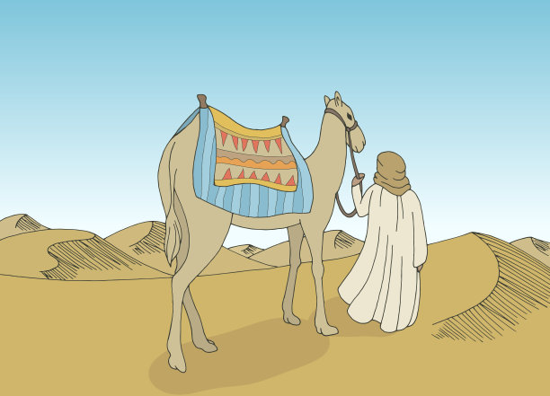 人牵骆驼穿越沙漠图形色彩景观素描插图矢量图片下载