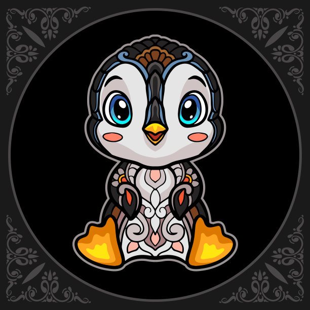 彩色企鹅曼荼罗艺术孤立在黑色背景图片下载