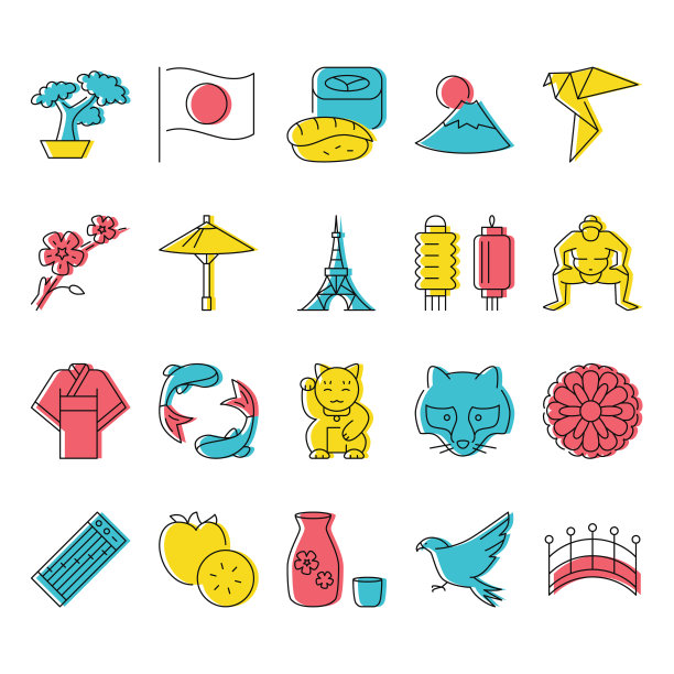 日本图标设置在直线风格图片下载