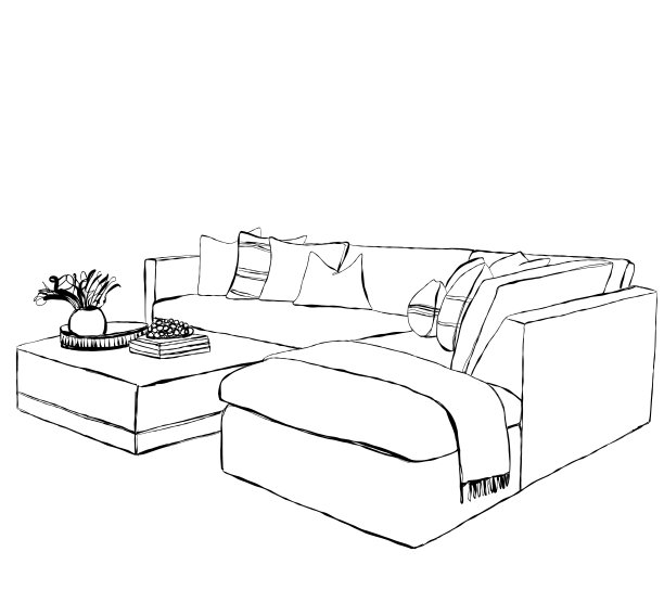 房间内部手绘草图。沙发，桌子和椅子图片下载