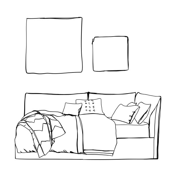 手绘沙发、图片、枕头、毯子。家具草图,室内图片下载