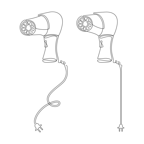 手动电吹风机。用于吹干和造型头发的家用电器。连续的线条画。矢量插图，孤立在白色背景上图片下载