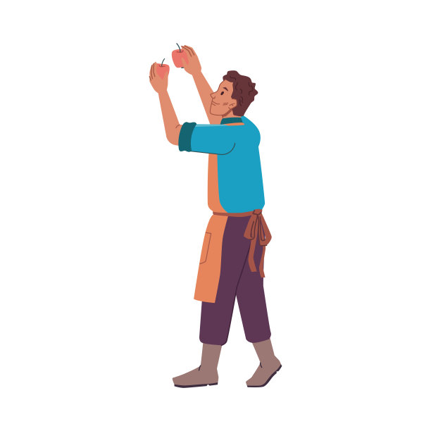 农夫从花园里或果园的树上摘苹果。果实成熟时，正值收获季节。矢量平面卡通风格图片下载