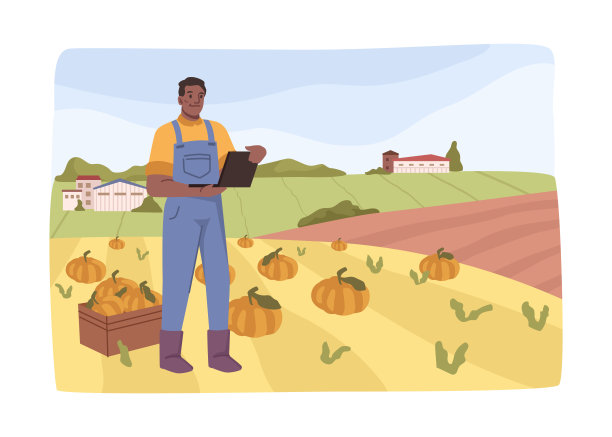 种植和收获，作物的管理和出口销售数量。拿着笔记本电脑的男人检查商业创新，在球场上放南瓜。矢量在平面风格，平面卡通人物图片下载
