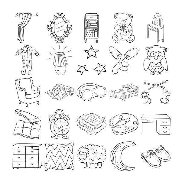 卧室手绘涂鸦线艺术大纲套装图片下载