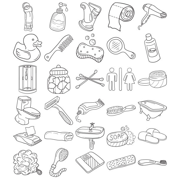 浴室手绘涂鸦线艺术大纲集图片下载