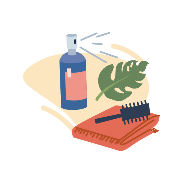 用于头发护理的喷雾和刷子，美发沙龙的产品。发型、毛巾、妖叶、装饰元素的处理。平面形式的矢量图片下载